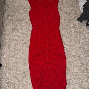 Zara red fitted button up dress. Cotton and slit up front.